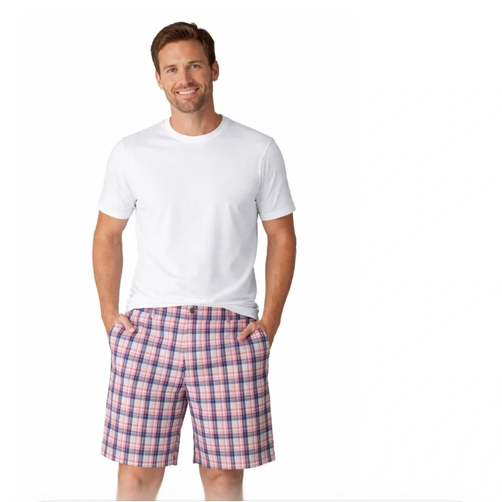 Banana Republic Men's Flat Front Plaid Shorts Red White & Blue Size 38